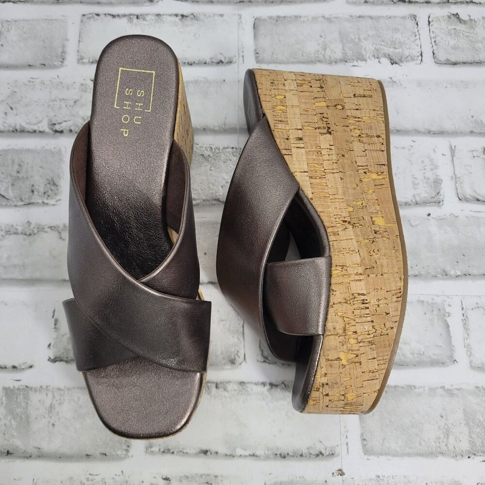ShuShop Metallic Brown Crisscross Cork Wedge Sandals